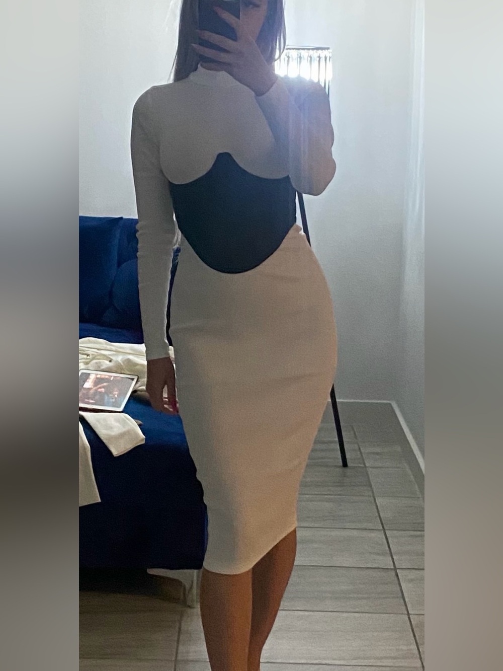 Maniere De Voir Cream Midi Dress with Black Bust Panel